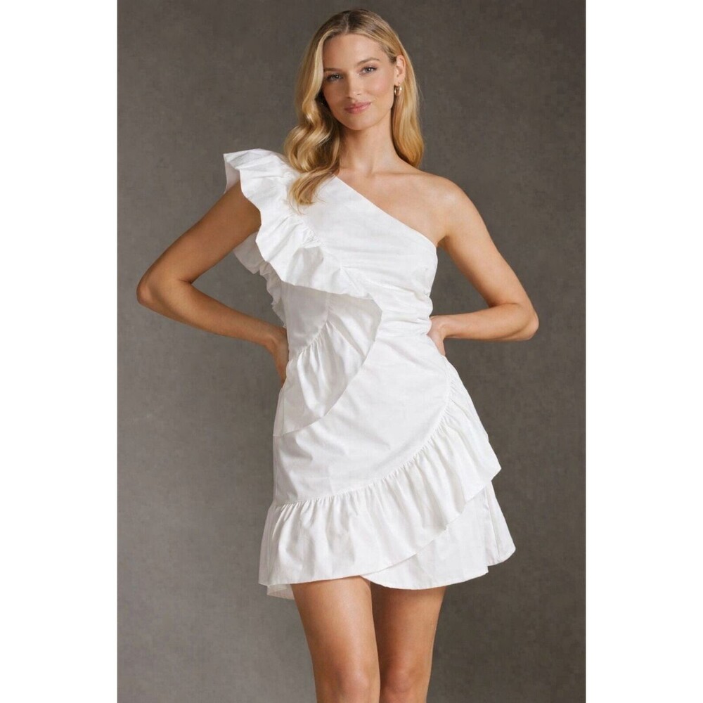 ANTHROPOLOGIE MAEVE New One Shoulder 2 White Ruffle Dress Mini Cotton Women